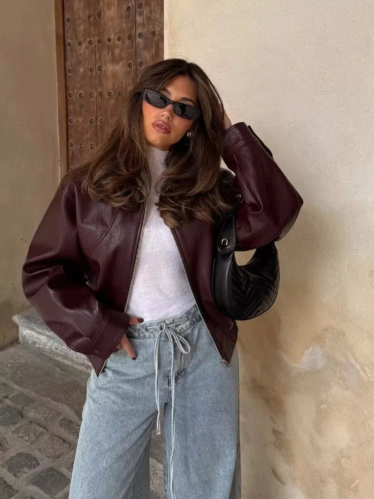 Fenna - Dames Oversized Bomberjack Leren Stijl met Ritssluiting en Boord