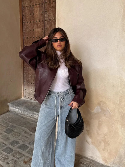 Fenna - Dames Oversized Bomberjack Leren Stijl met Ritssluiting en Boord