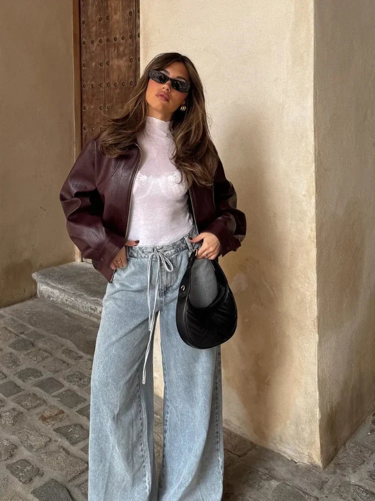 Fenna - Dames Oversized Bomberjack Leren Stijl met Ritssluiting en Boord