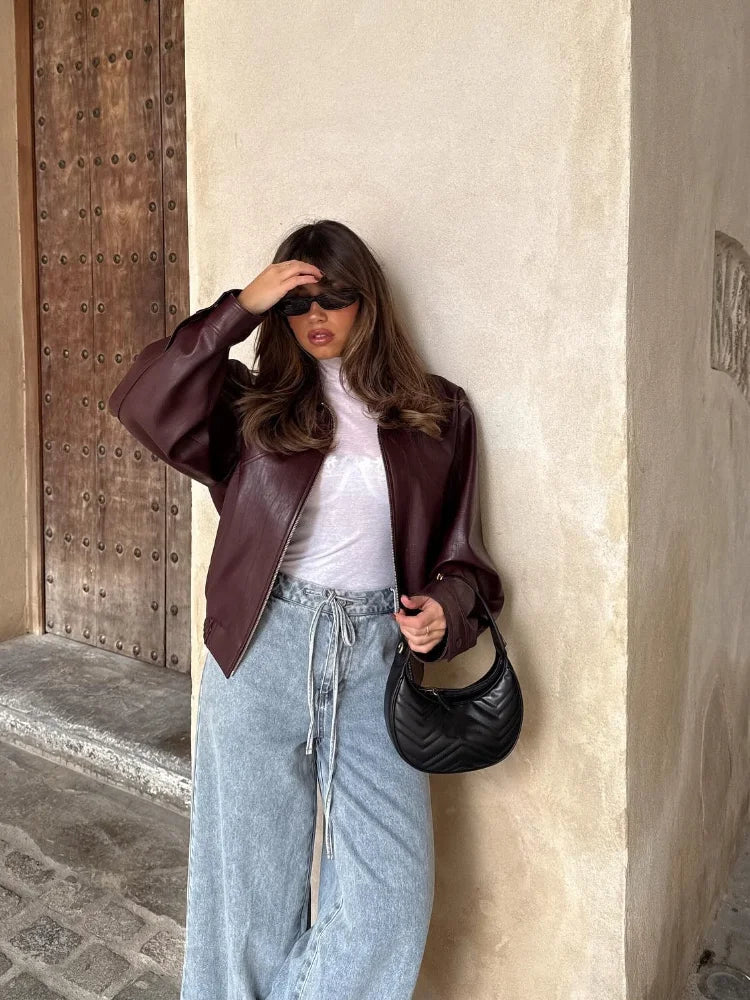 Fenna - Dames Oversized Bomberjack Leren Stijl met Ritssluiting en Boord