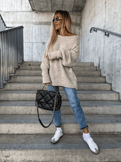 Fenna - Dames Trui Gebreid Oversized en Warm met Off Shoulder Hals
