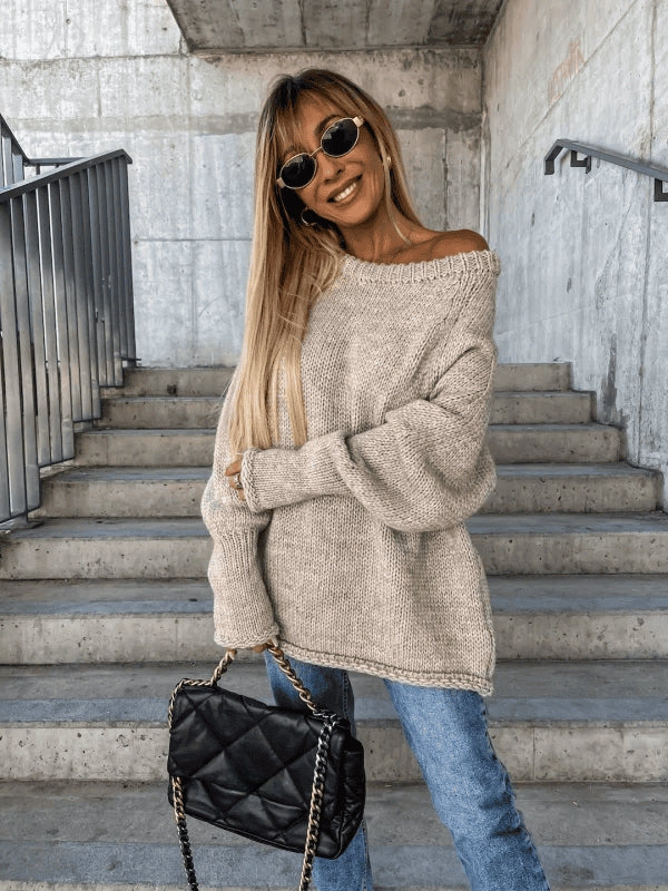 Fenna - Dames Trui Gebreid Oversized en Warm met Off Shoulder Hals