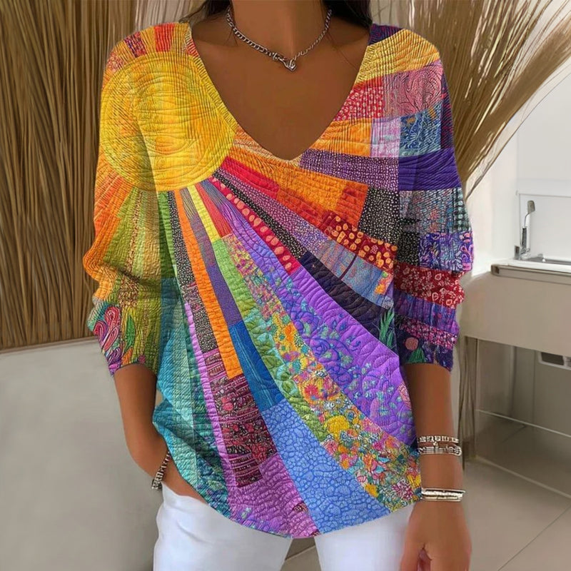 Fenna - Dames Trui Gebreide Stijl Casual met V Hals en Patchwork Print