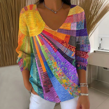 Fenna - Dames Trui Gebreide Stijl Casual met V Hals en Patchwork Print