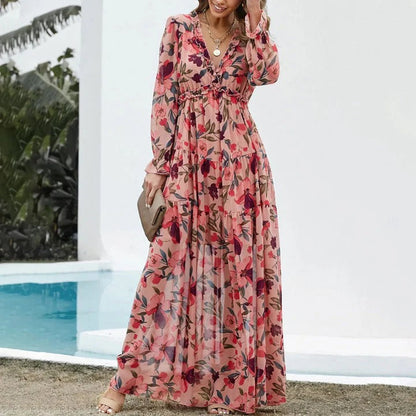 Fenna - Romantische Bruiloft Gastenjurk Dames met Bloemenprint en Gelaagde Maxi-rok