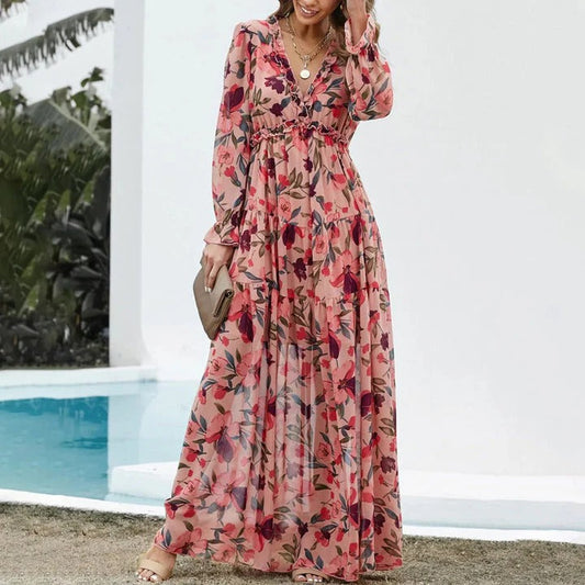 Fenna - Romantische Bruiloft Gastenjurk Dames met Bloemenprint en Gelaagde Maxi-rok