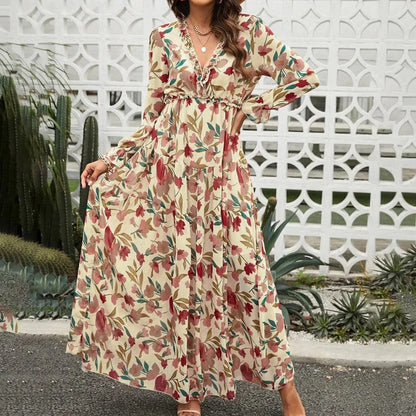 Fenna - Romantische Bruiloft Gastenjurk Dames met Bloemenprint en Gelaagde Maxi-rok