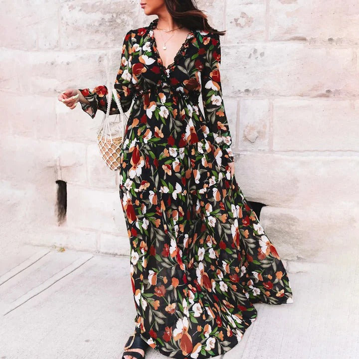 Fenna - Romantische Bruiloft Gastenjurk Dames met Bloemenprint en Gelaagde Maxi-rok