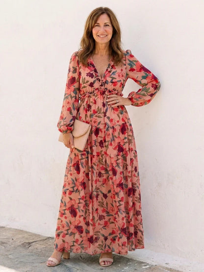 Fenna - Romantische Plus Size Maxi Jurk Dames met Bloemenprint en Lange Mouwen