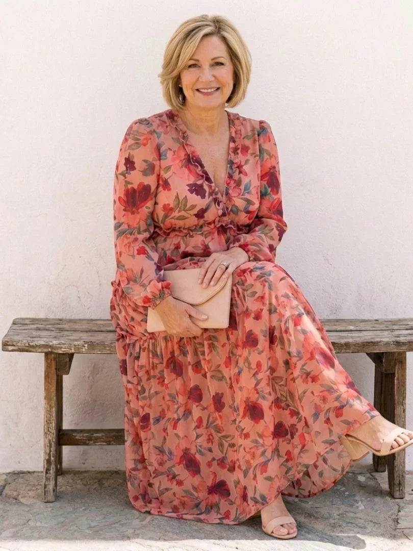 Fenna - Romantische Plus Size Maxi Jurk Dames met Bloemenprint en Lange Mouwen