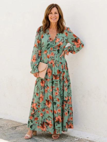 Fenna - Romantische Plus Size Maxi Jurk Dames met Bloemenprint en Lange Mouwen