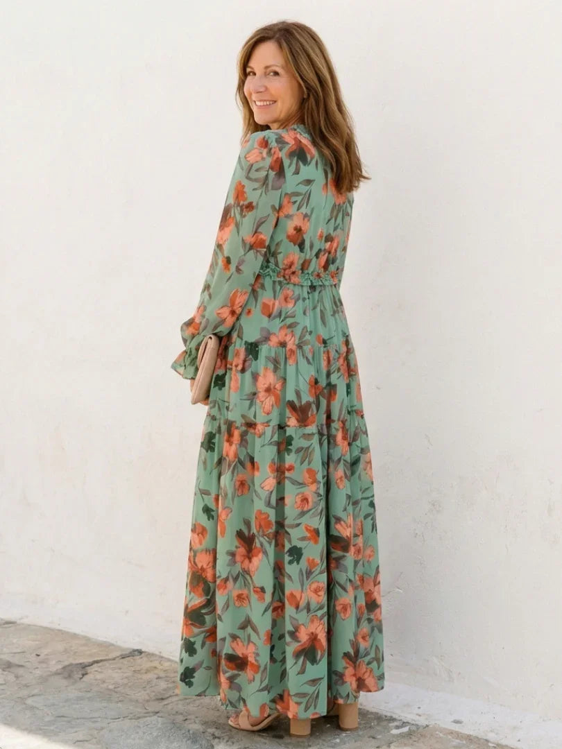 Fenna - Romantische Plus Size Maxi Jurk Dames met Bloemenprint en Lange Mouwen