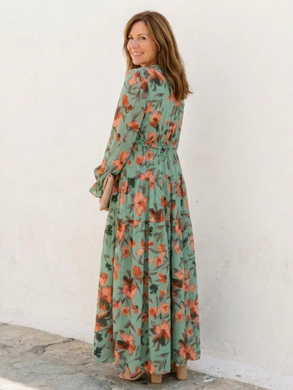 Fenna - Romantische Plus Size Maxi Jurk Dames met Bloemenprint en Lange Mouwen