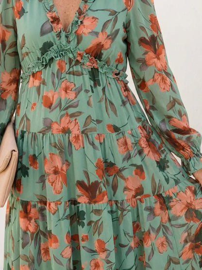 Fenna - Romantische Plus Size Maxi Jurk Dames met Bloemenprint en Lange Mouwen