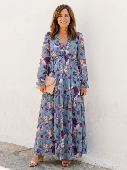 Fenna - Romantische Plus Size Maxi Jurk Dames met Bloemenprint en Lange Mouwen