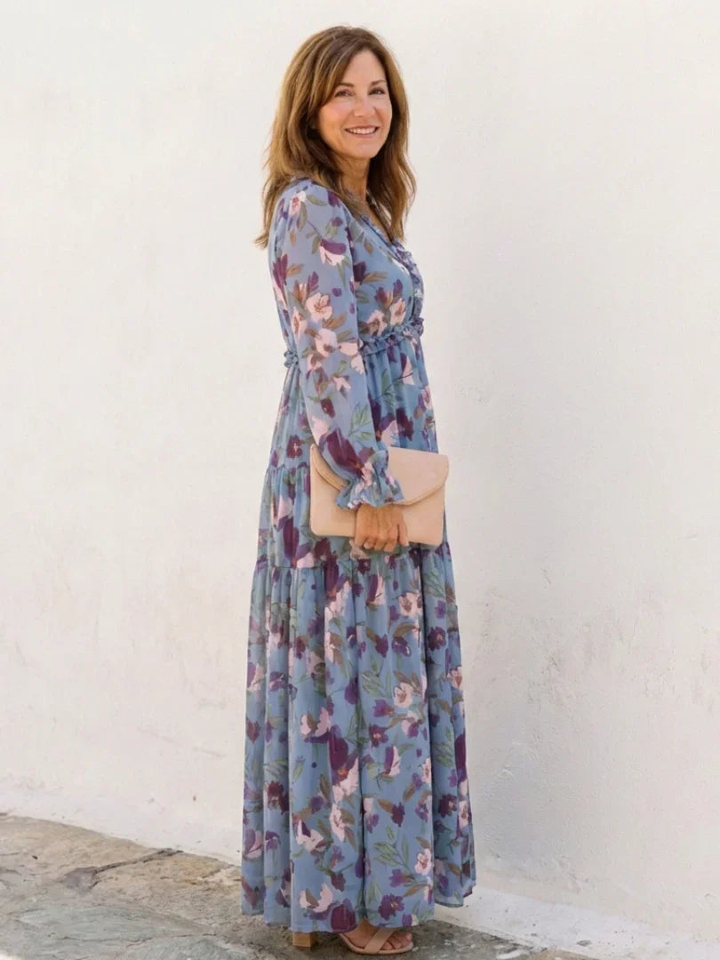 Fenna - Romantische Plus Size Maxi Jurk Dames met Bloemenprint en Lange Mouwen