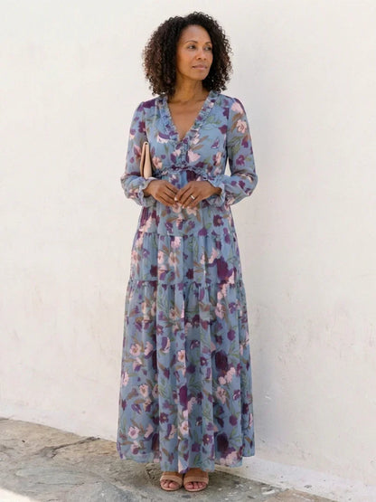 Fenna - Romantische Plus Size Maxi Jurk Dames met Bloemenprint en Lange Mouwen