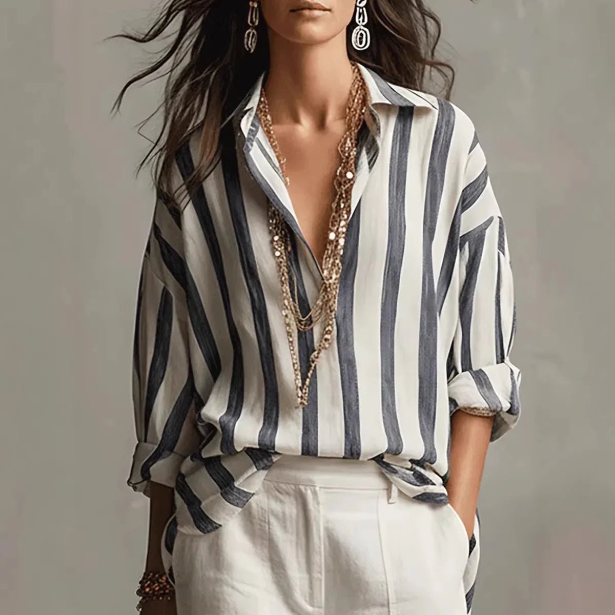 Fenna - Stijlvolle Linnen Blouse Dames met Streepprint en Oversized Pasvorm