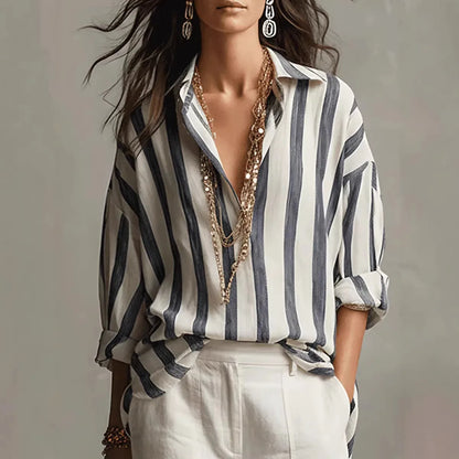 Fenna - Stijlvolle Linnen Blouse Dames met Streepprint en Oversized Pasvorm