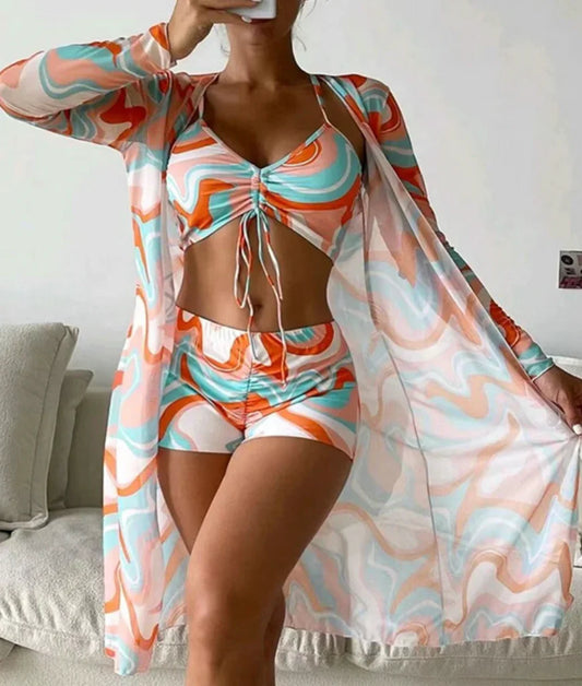 Fenna - Trendy Bikini Set Dames met Coverup en Strik Bralette in Retro Print