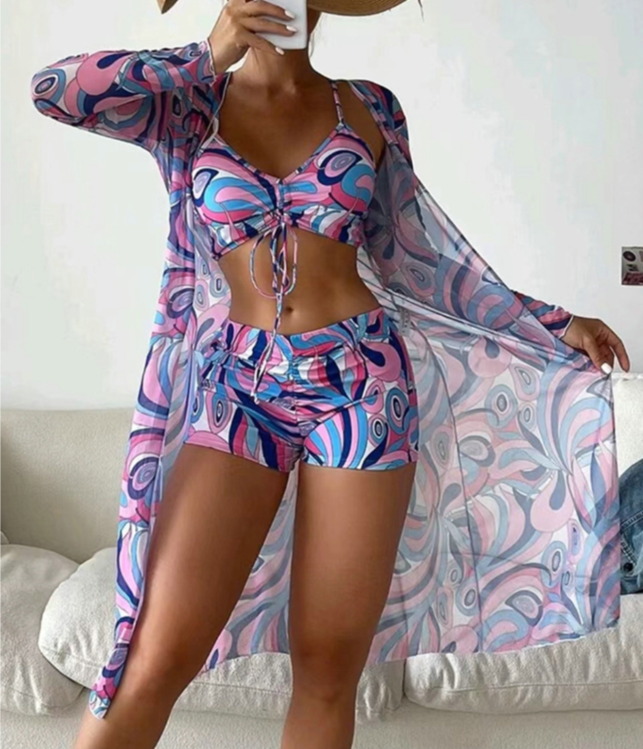 Fenna - Trendy Bikini Set Dames met Coverup en Strik Bralette in Retro Print