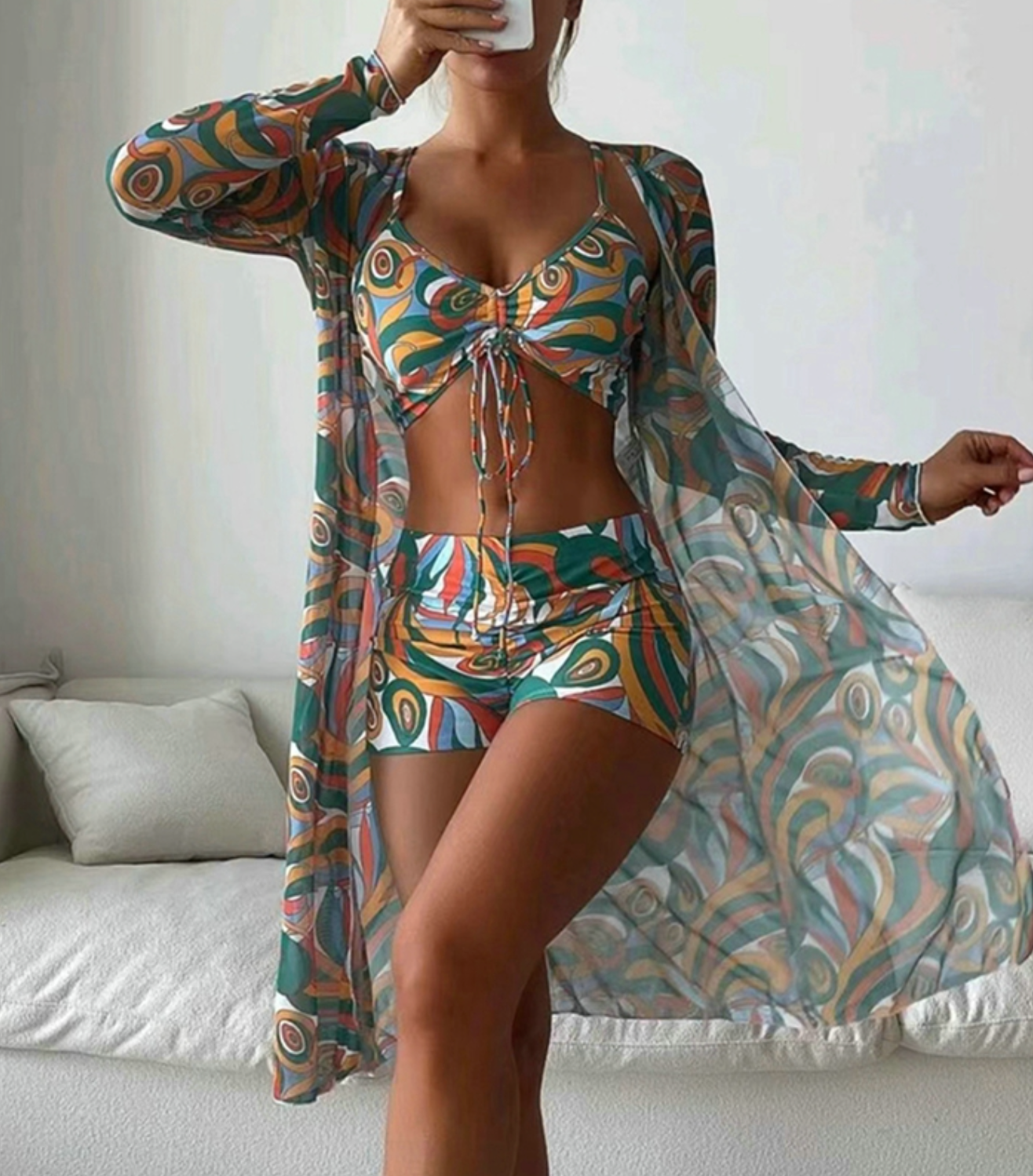 Fenna - Trendy Bikini Set Dames met Coverup en Strik Bralette in Retro Print
