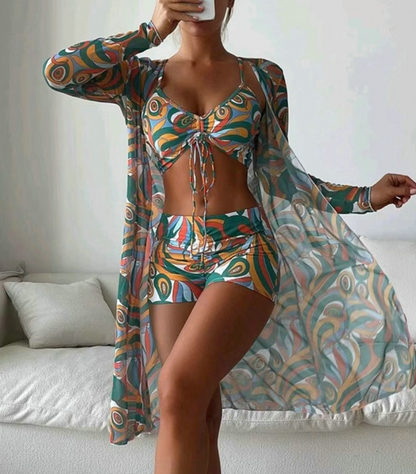 Fenna - Trendy Bikini Set Dames met Coverup en Strik Bralette in Retro Print