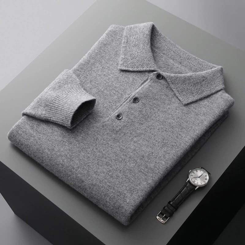 Finn - Heren Gebreide Polo met Cashmere Stijl Longsleeve en Knoopsluiting