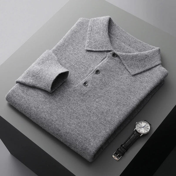 Finn - Heren Gebreide Polo met Cashmere Stijl Longsleeve en Knoopsluiting