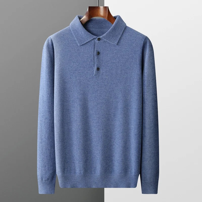 Finn - Heren Gebreide Polo met Cashmere Stijl Longsleeve en Knoopsluiting
