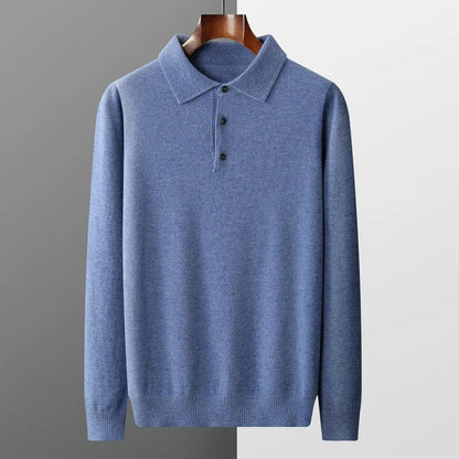 Finn - Heren Gebreide Polo met Cashmere Stijl Longsleeve en Knoopsluiting