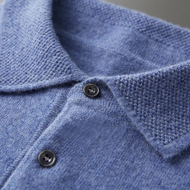 Finn - Heren Gebreide Polo met Cashmere Stijl Longsleeve en Knoopsluiting