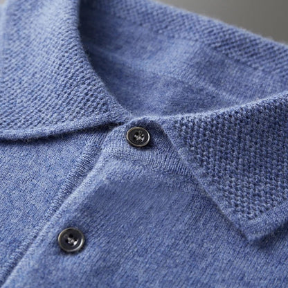 Finn - Heren Gebreide Polo met Cashmere Stijl Longsleeve en Knoopsluiting