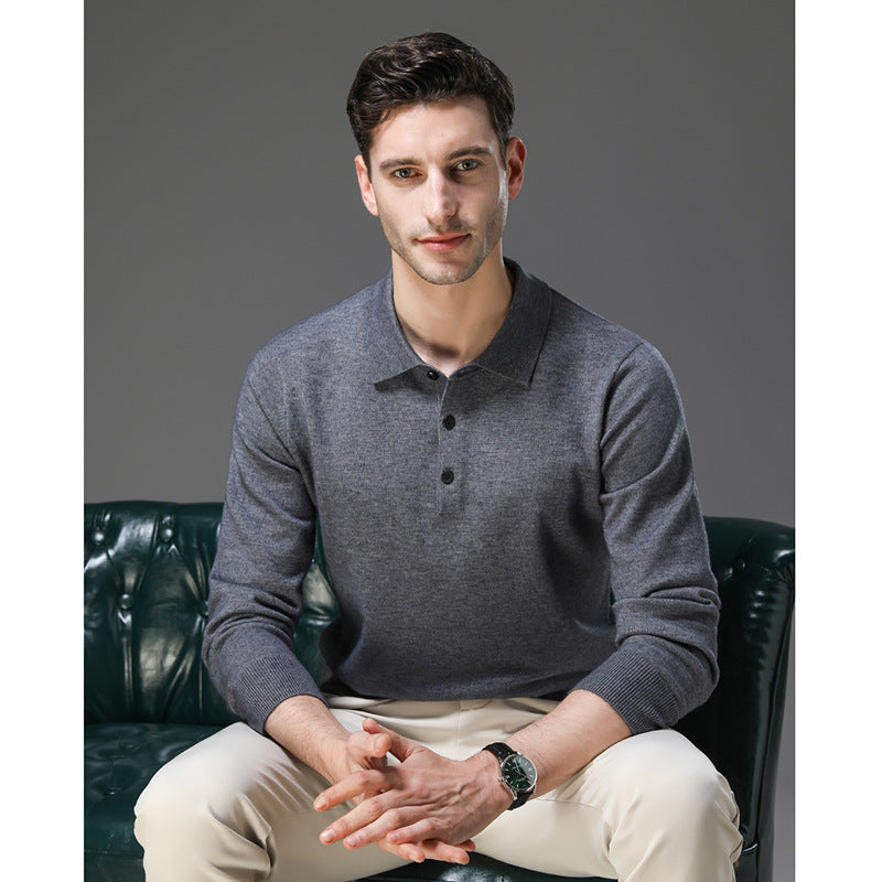 Finn - Heren Gebreide Polo met Cashmere Stijl Longsleeve en Knoopsluiting