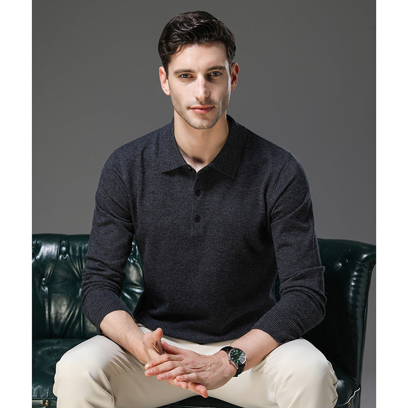Finn - Heren Gebreide Polo met Cashmere Stijl Longsleeve en Knoopsluiting