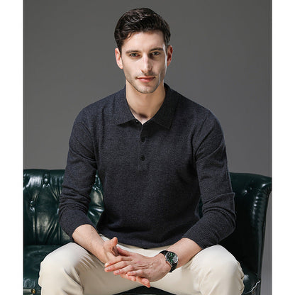 Finn - Heren Gebreide Polo met Cashmere Stijl Longsleeve en Knoopsluiting