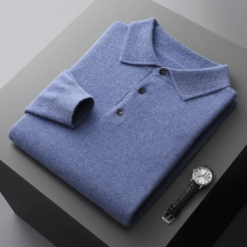 Finn - Heren Gebreide Polo met Cashmere Stijl Longsleeve en Knoopsluiting
