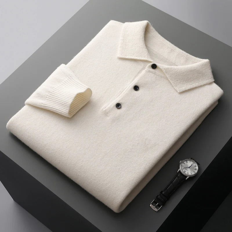 Finn - Heren Gebreide Polo met Cashmere Stijl Longsleeve en Knoopsluiting