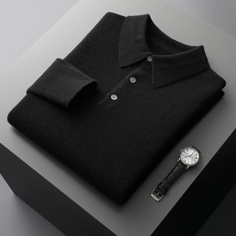 Finn - Heren Gebreide Polo met Cashmere Stijl Longsleeve en Knoopsluiting