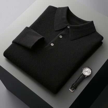 Finn - Heren Gebreide Polo met Cashmere Stijl Longsleeve en Knoopsluiting