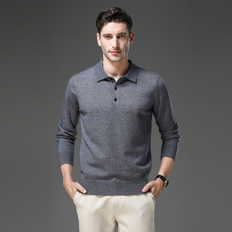 Finn - Heren Gebreide Polo met Cashmere Stijl Longsleeve en Knoopsluiting
