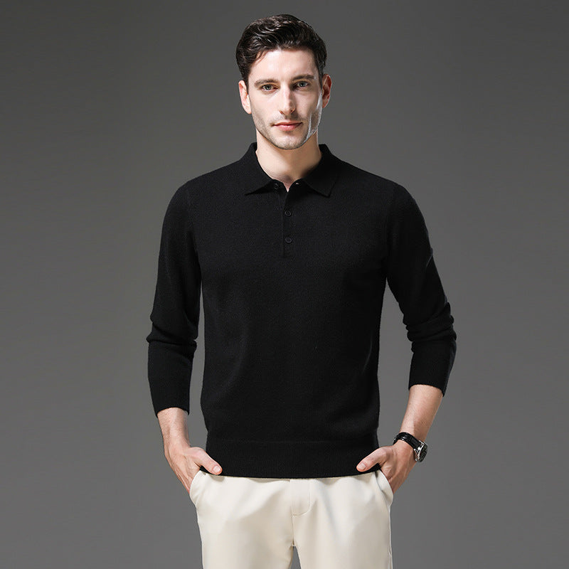 Finn - Heren Gebreide Polo met Cashmere Stijl Longsleeve en Knoopsluiting