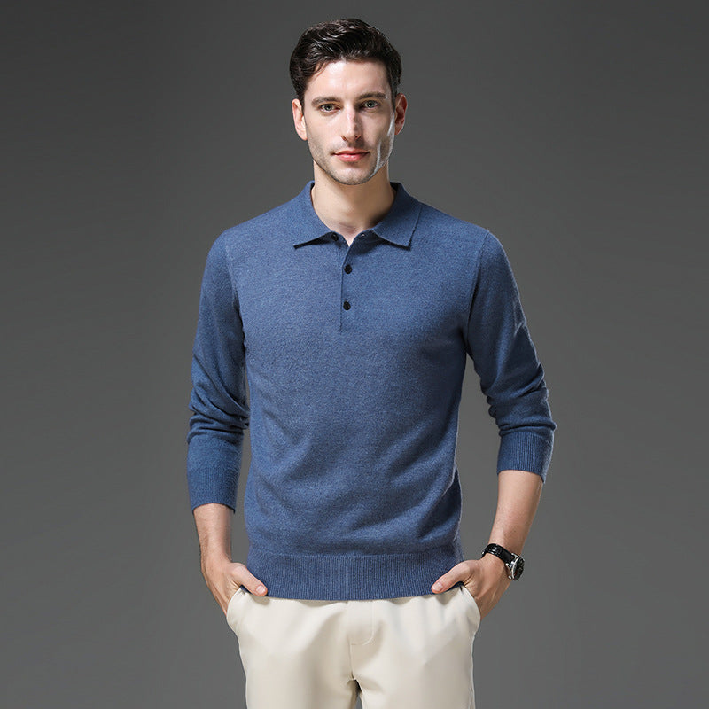 Finn - Heren Gebreide Polo met Cashmere Stijl Longsleeve en Knoopsluiting