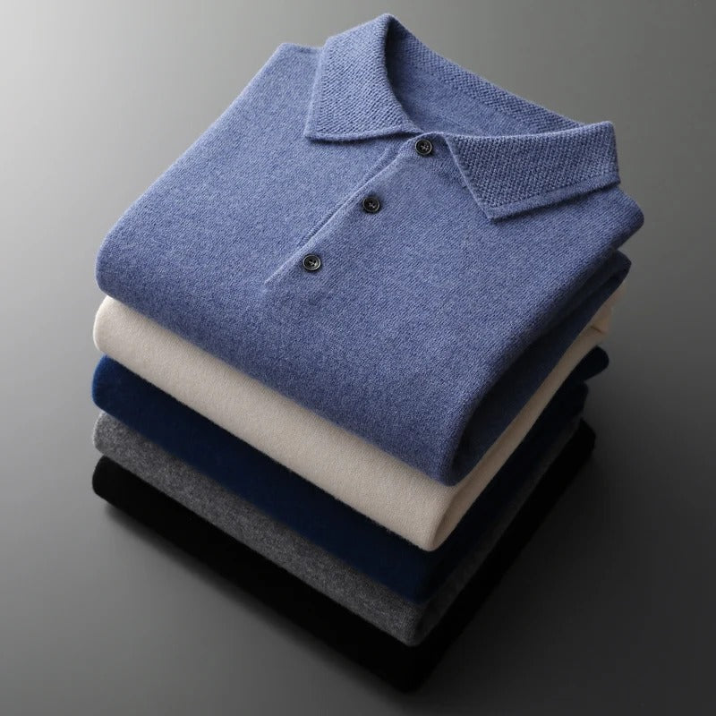 Finn - Heren Gebreide Polo met Cashmere Stijl Longsleeve en Knoopsluiting
