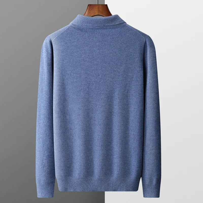 Finn - Heren Gebreide Polo met Cashmere Stijl Longsleeve en Knoopsluiting