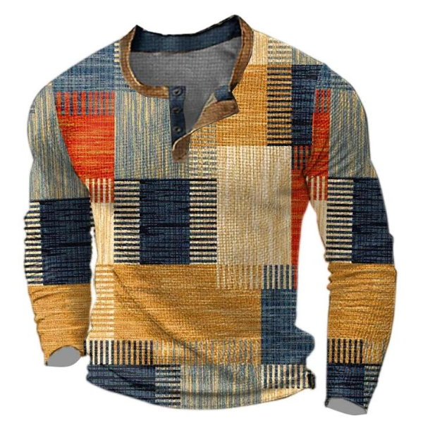 Finn - Heren Trui Comfort met Longsleeve Kleurrijk Blokprint en Knoopsluiting