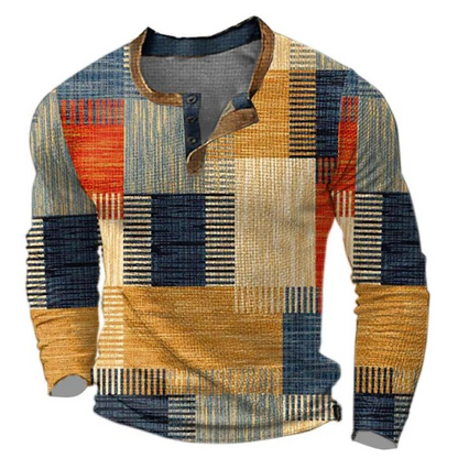 Finn - Heren Trui Comfort met Longsleeve Kleurrijk Blokprint en Knoopsluiting