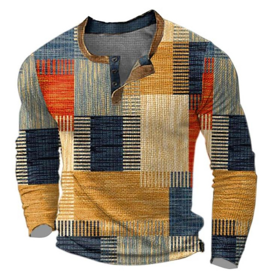 Finn - Heren Trui Comfort met Longsleeve Kleurrijk Blokprint en Knoopsluiting