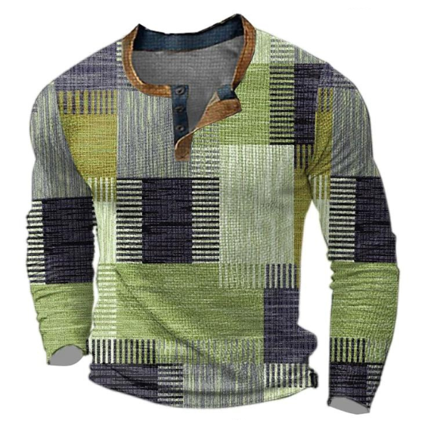 Finn - Heren Trui Comfort met Longsleeve Kleurrijk Blokprint en Knoopsluiting