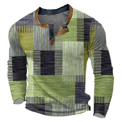 Finn - Heren Trui Comfort met Longsleeve Kleurrijk Blokprint en Knoopsluiting